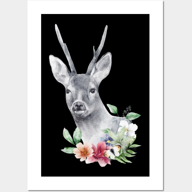 Wild Deer Roa Doe Elk Spirit Floral Head Wildlife Rescue Wall Art by PinkyTree